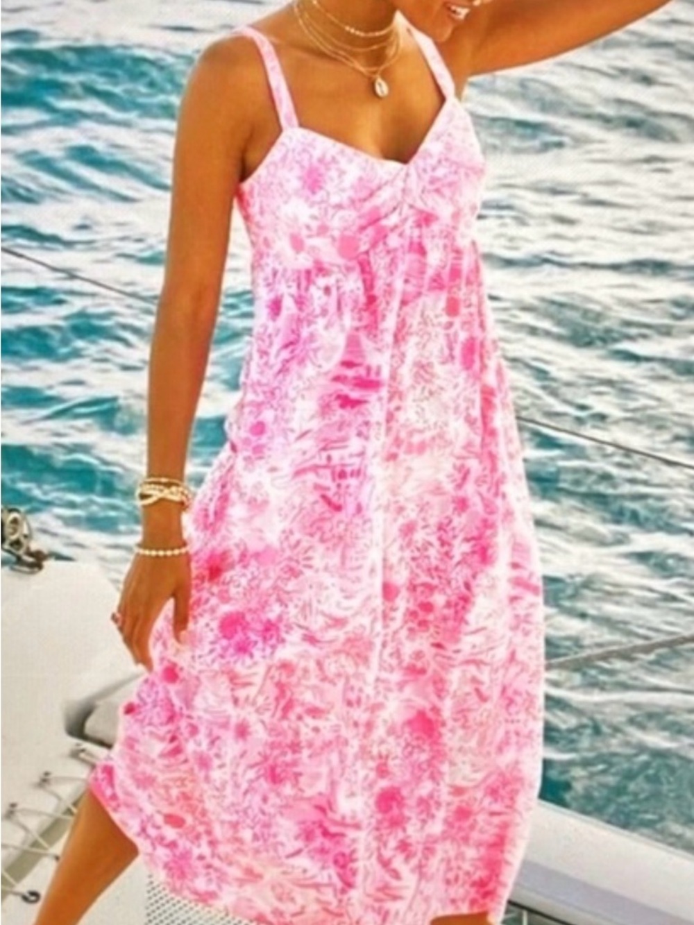 Lilly Pulitzer Azora Cotton Midi Dress Size 12 Peony Pink Seaside Scene print - Picture 5 of 14